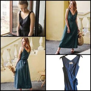PAVIETRA Linen Twisted Straps Blue Wrap Pockets Resortwear Feminine Dress XS